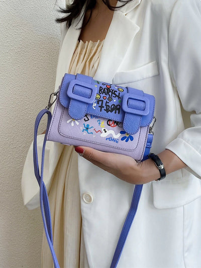 Teenage Girls' Personality Graffiti Pattern Shoulder Bag With Flap