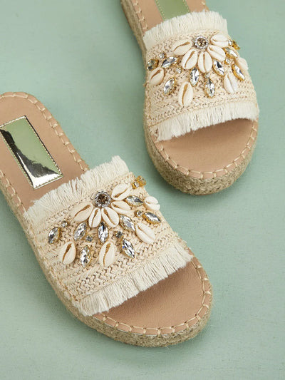 Women's Comfortable Shell Tassel Strap Flat Slip-On Sandals