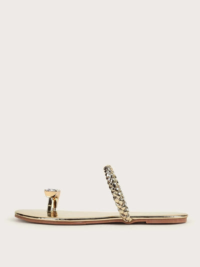 Metallic Rhinestone Decor Braided Thong Sandals