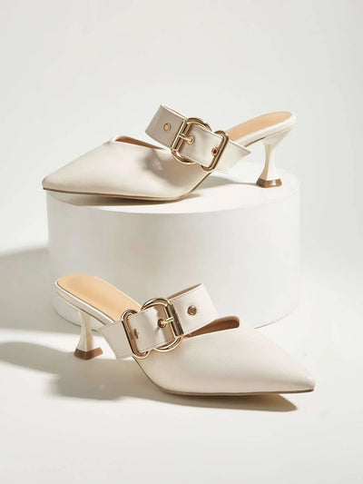 Women Buckle Decor Pyramid Heeled Mule Pumps