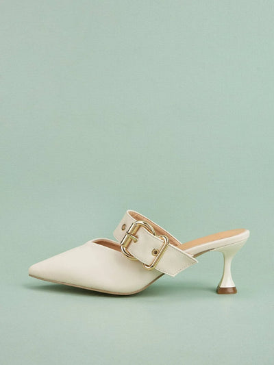 Women Buckle Decor Pyramid Heeled Mule Pumps