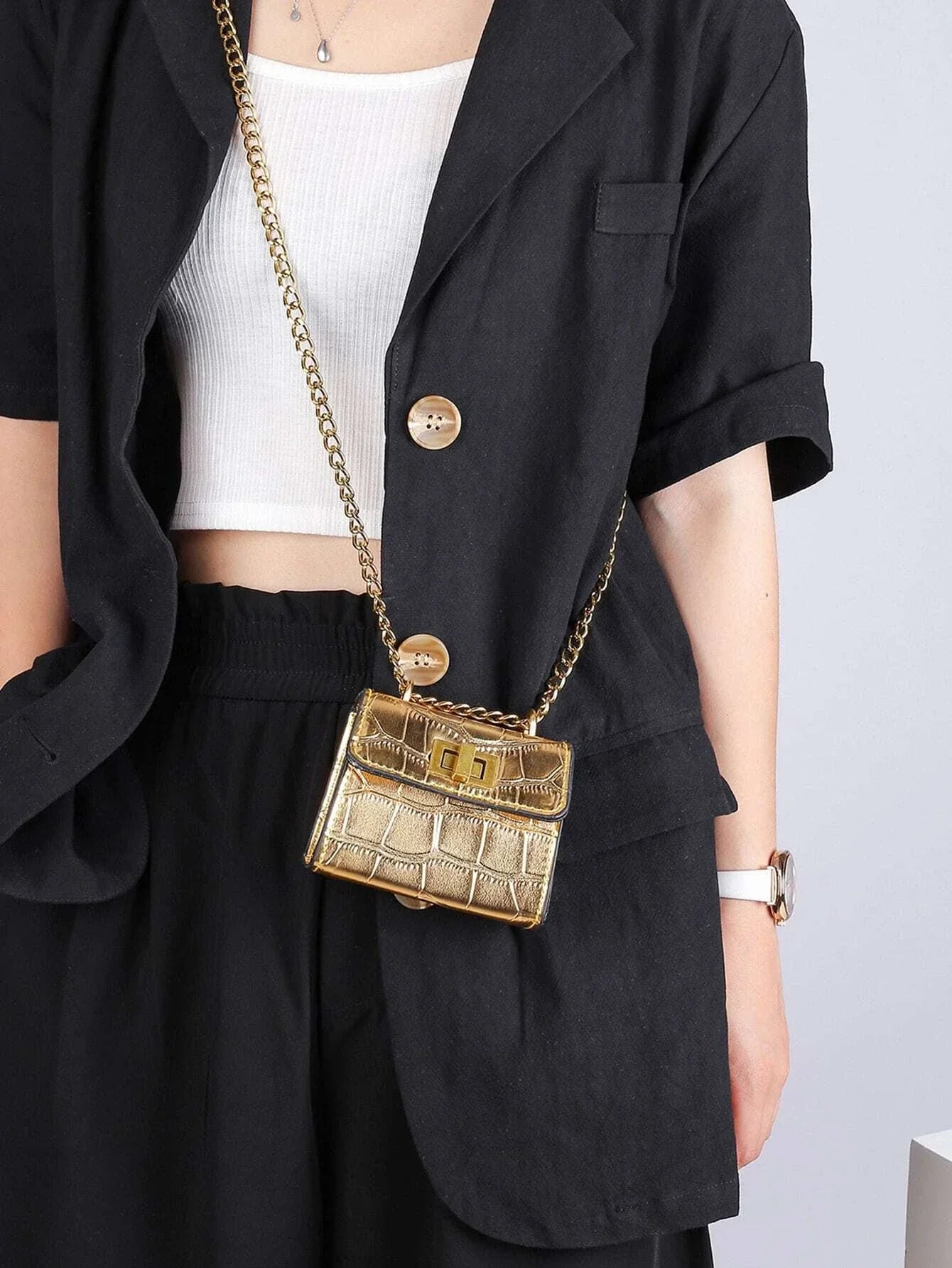Waterproof,Lightweight,Business Casual Mini Metallic Crocodile Embossed Square Bag
