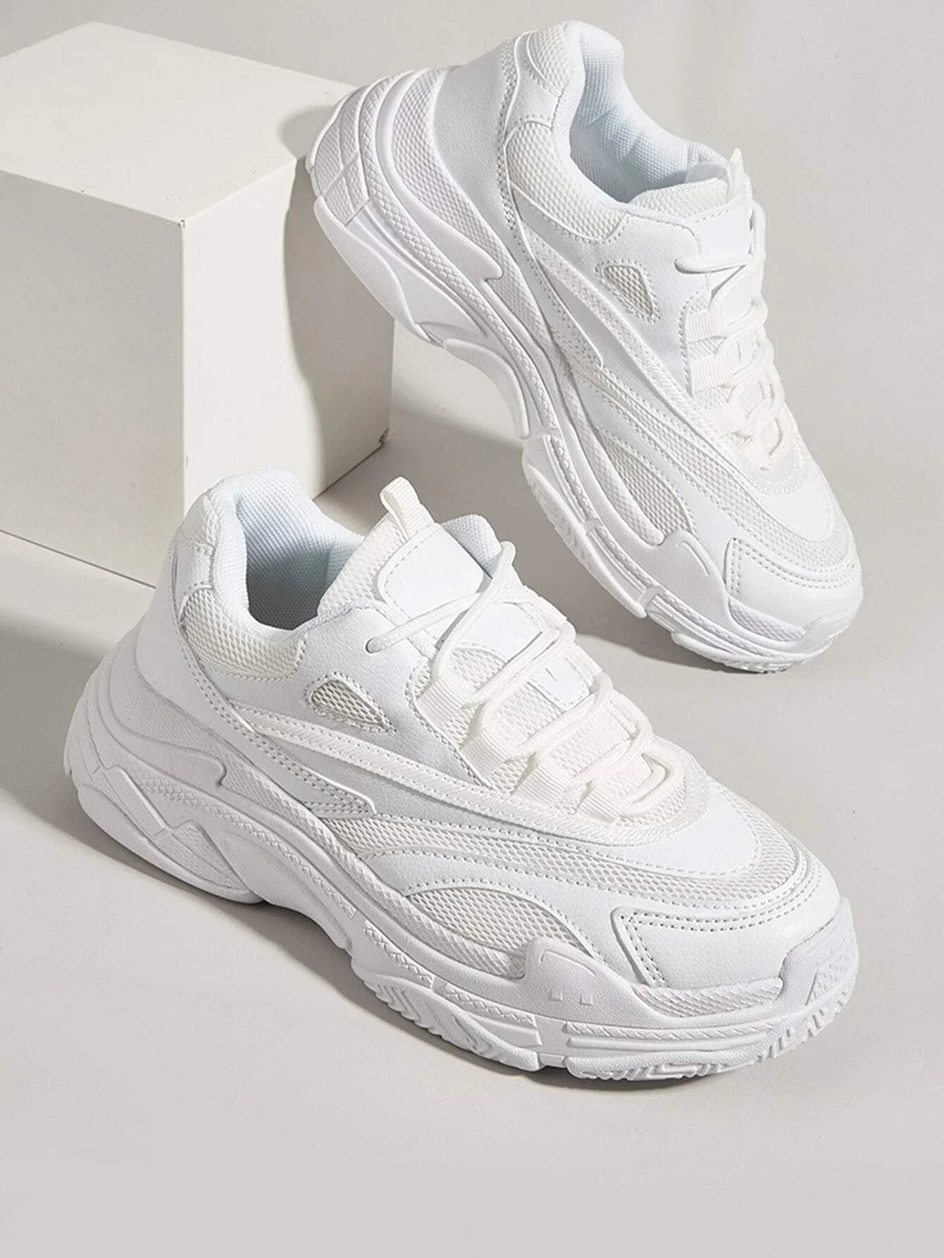 Mesh Panel Lace-Up Front Chunky Sneakers