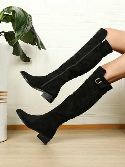 Women Faux Suede Buckle Decor Zipper Side Chunky Heeled Knee High Black Riding Boots