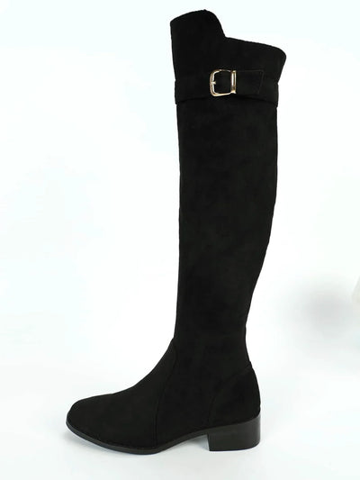 Women Faux Suede Buckle Decor Zipper Side Chunky Heeled Knee High Black Riding Boots