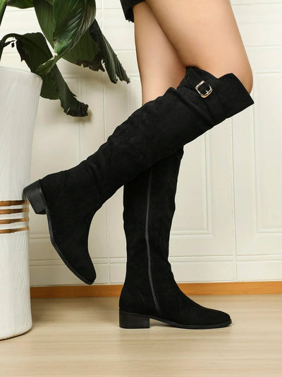 Women Faux Suede Buckle Decor Zipper Side Chunky Heeled Knee High Black Riding Boots