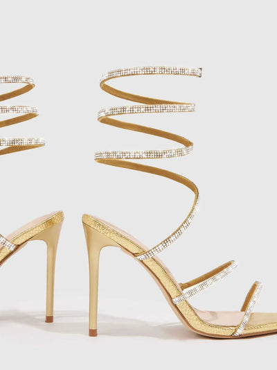 CUCCOO SZL Woman Shoes Rhinestone Decor Stiletto Heeled Strappy Glamorous Banquet Heeled Sandals