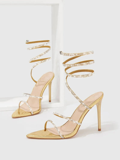 CUCCOO SZL Woman Shoes Rhinestone Decor Stiletto Heeled Strappy Glamorous Banquet Heeled Sandals