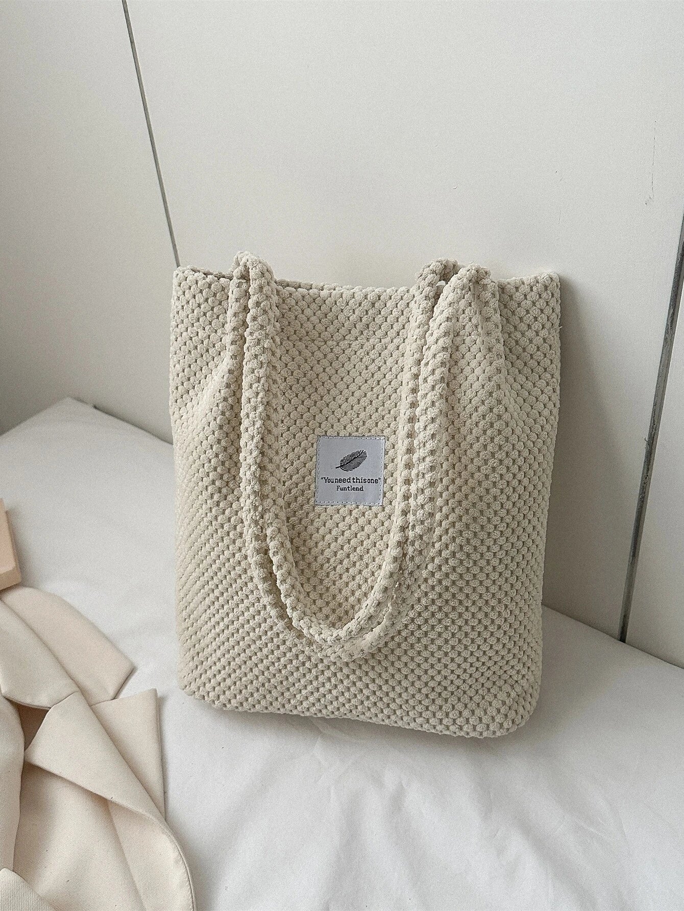 Letter Patch Decor Corduroy Square Bag