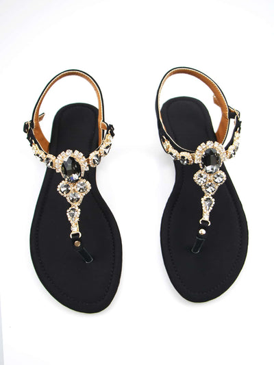 Women Rhinestone Decor Ankle Strap Thong Sandals