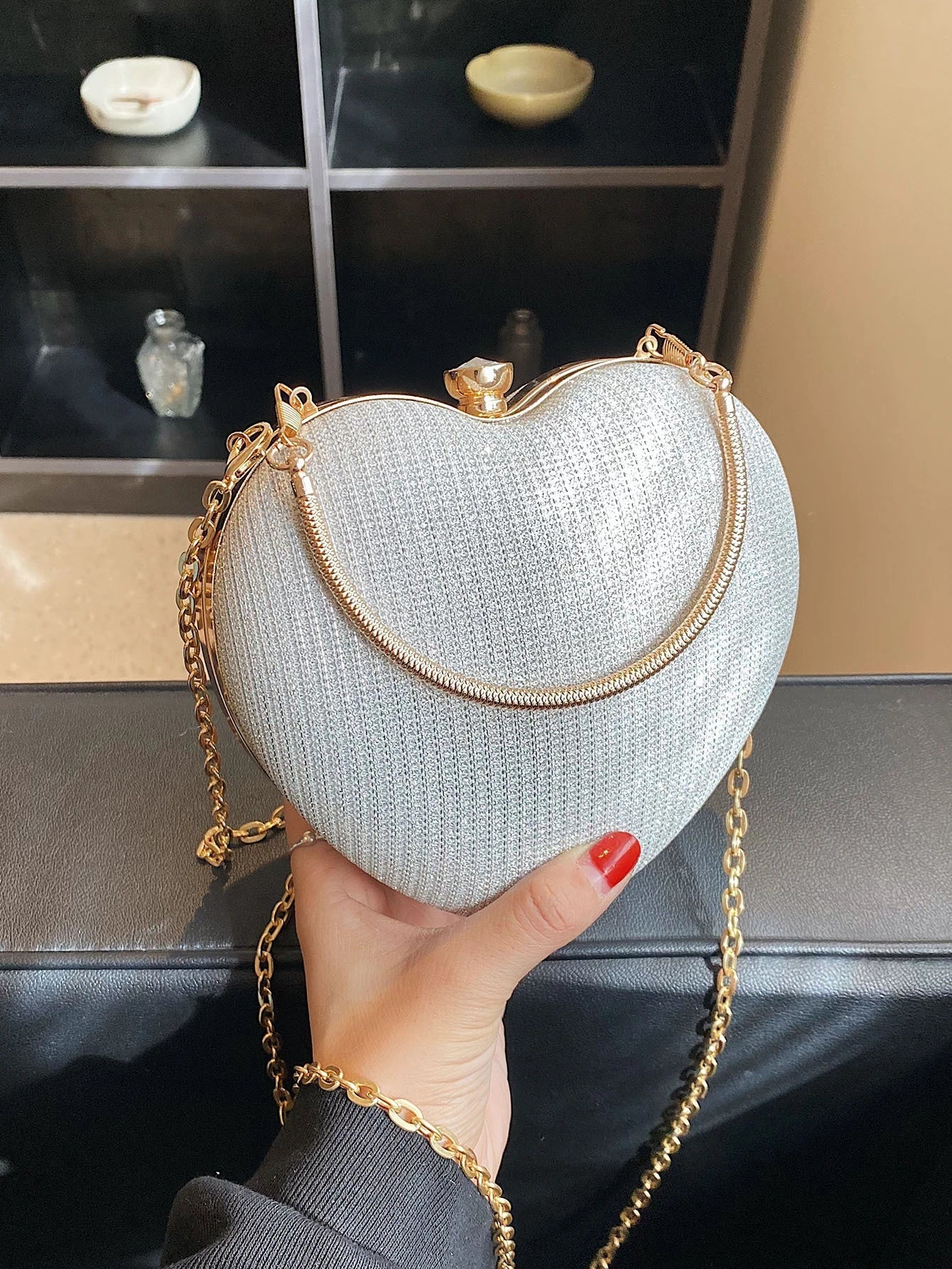Glamorous Glitter Bling, Sequin, Luxury, Shiny Women's Heart Shaped Rhinestone Evening Clutch Bag