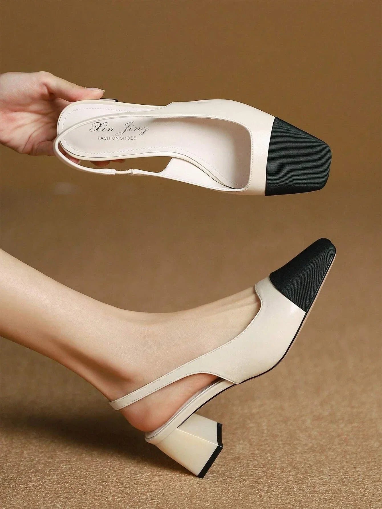 Two Tone Square Toe Chunky Heeled Slingback Pumps