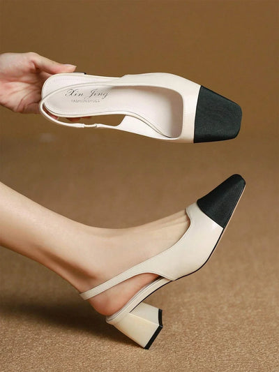 Two Tone Square Toe Chunky Heeled Slingback Pumps