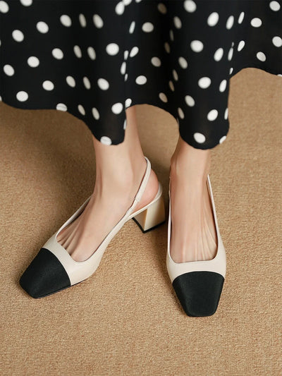 Two Tone Square Toe Chunky Heeled Slingback Pumps