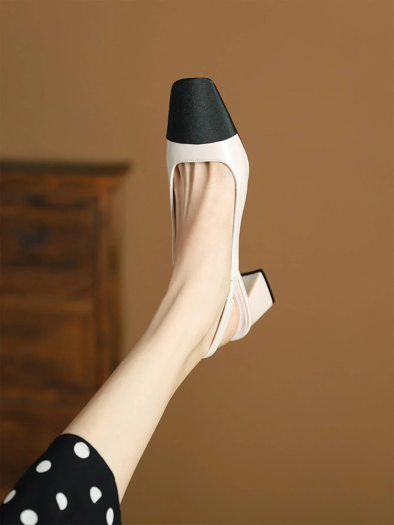 Two Tone Square Toe Chunky Heeled Slingback Pumps