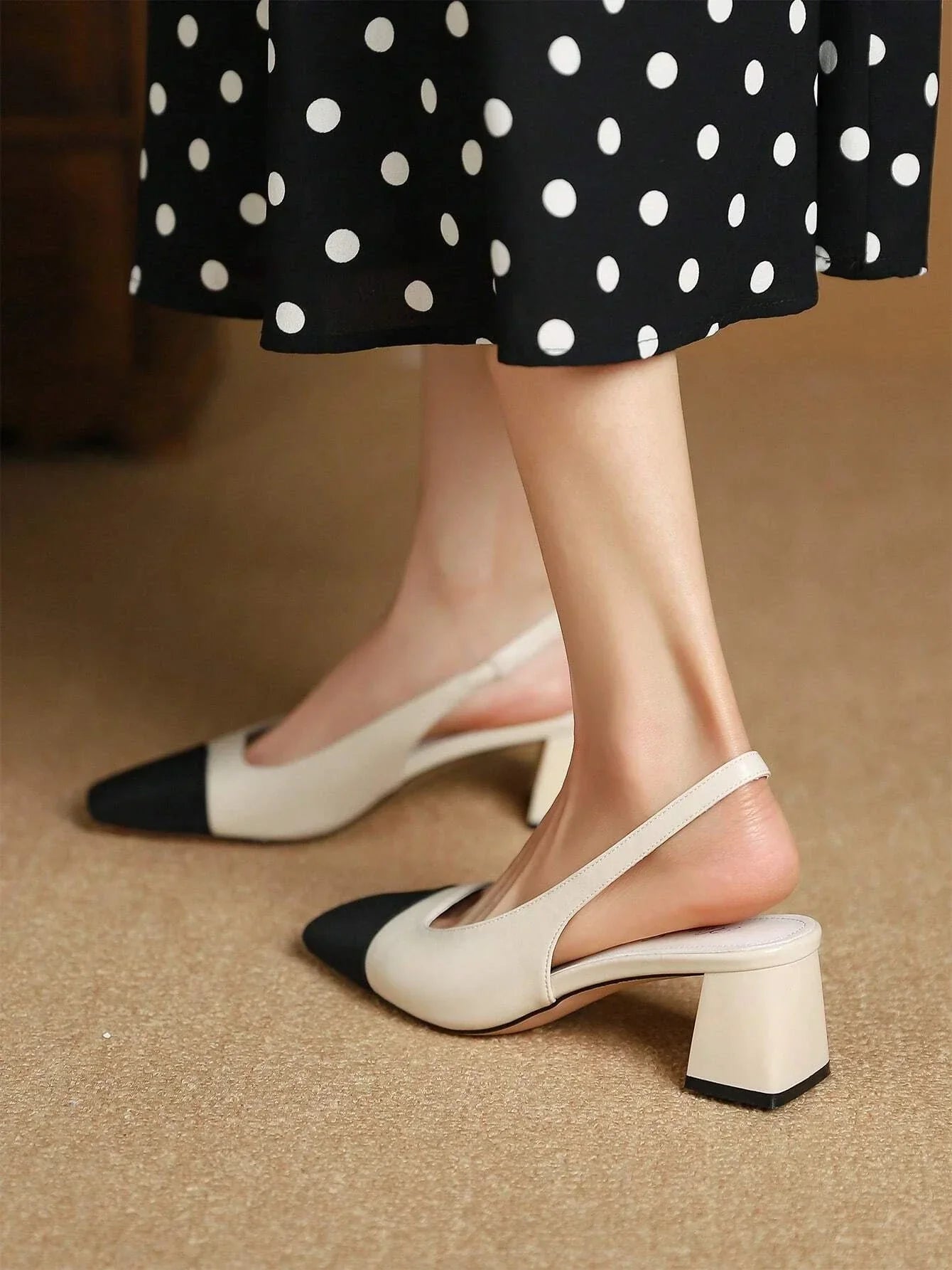 Two Tone Square Toe Chunky Heeled Slingback Pumps