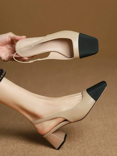 Two Tone Square Toe Chunky Heeled Slingback Pumps