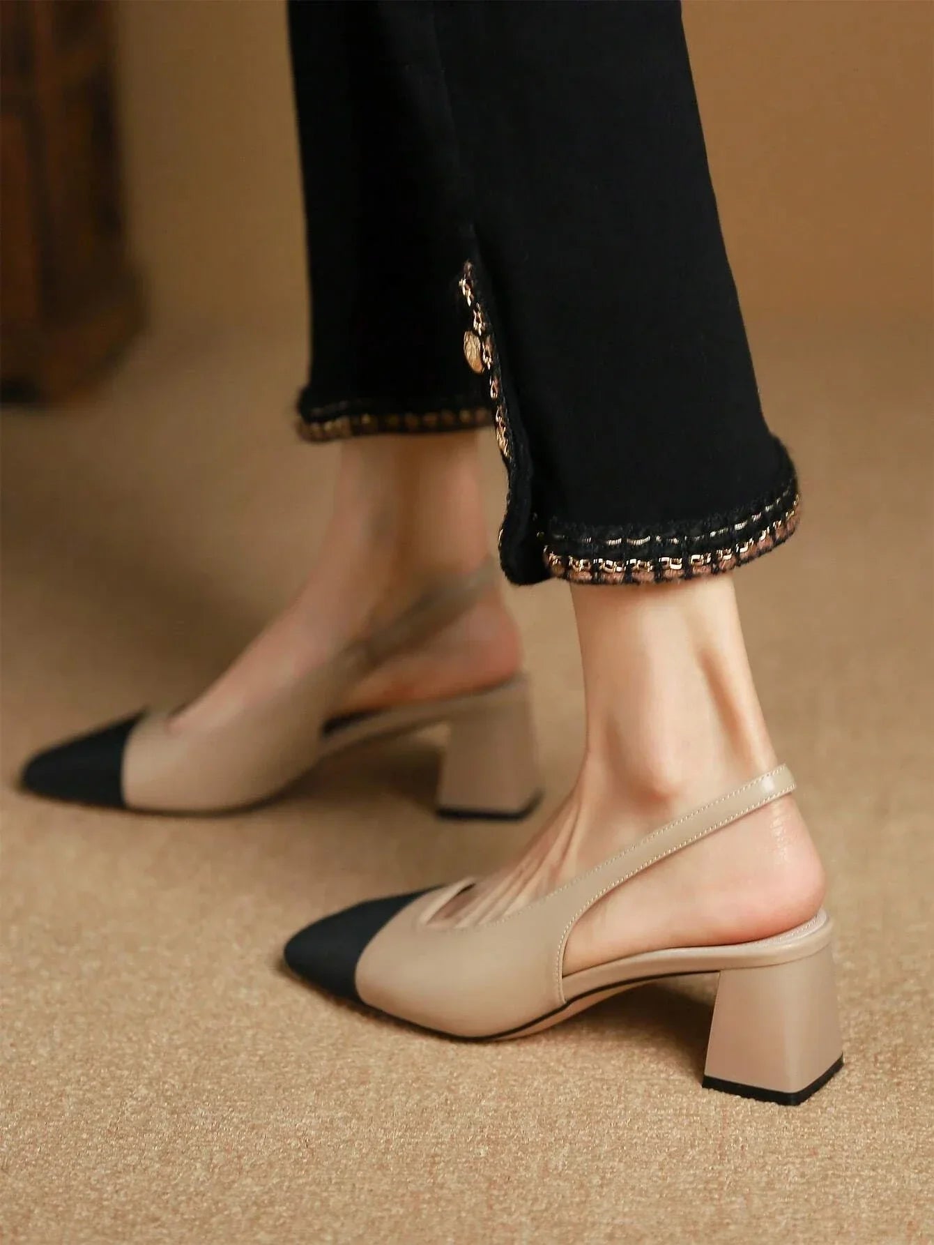 Two Tone Square Toe Chunky Heeled Slingback Pumps