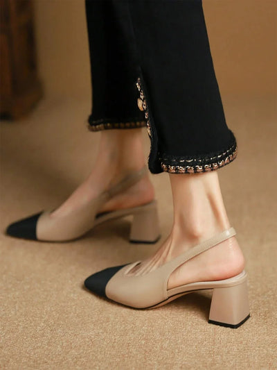 Two Tone Square Toe Chunky Heeled Slingback Pumps