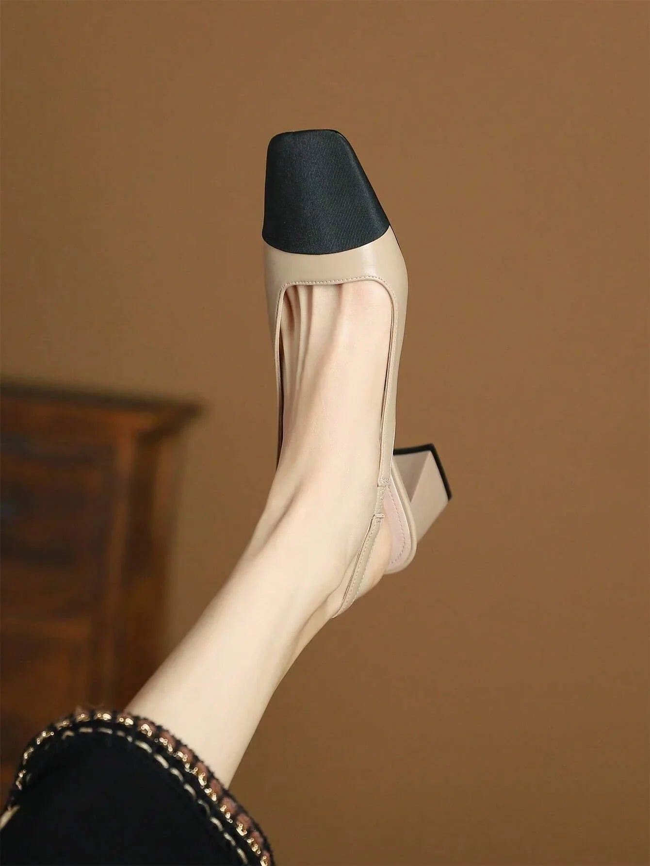 Two Tone Square Toe Chunky Heeled Slingback Pumps