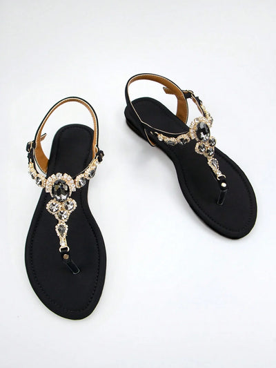 Women Rhinestone Decor Ankle Strap Thong Sandals