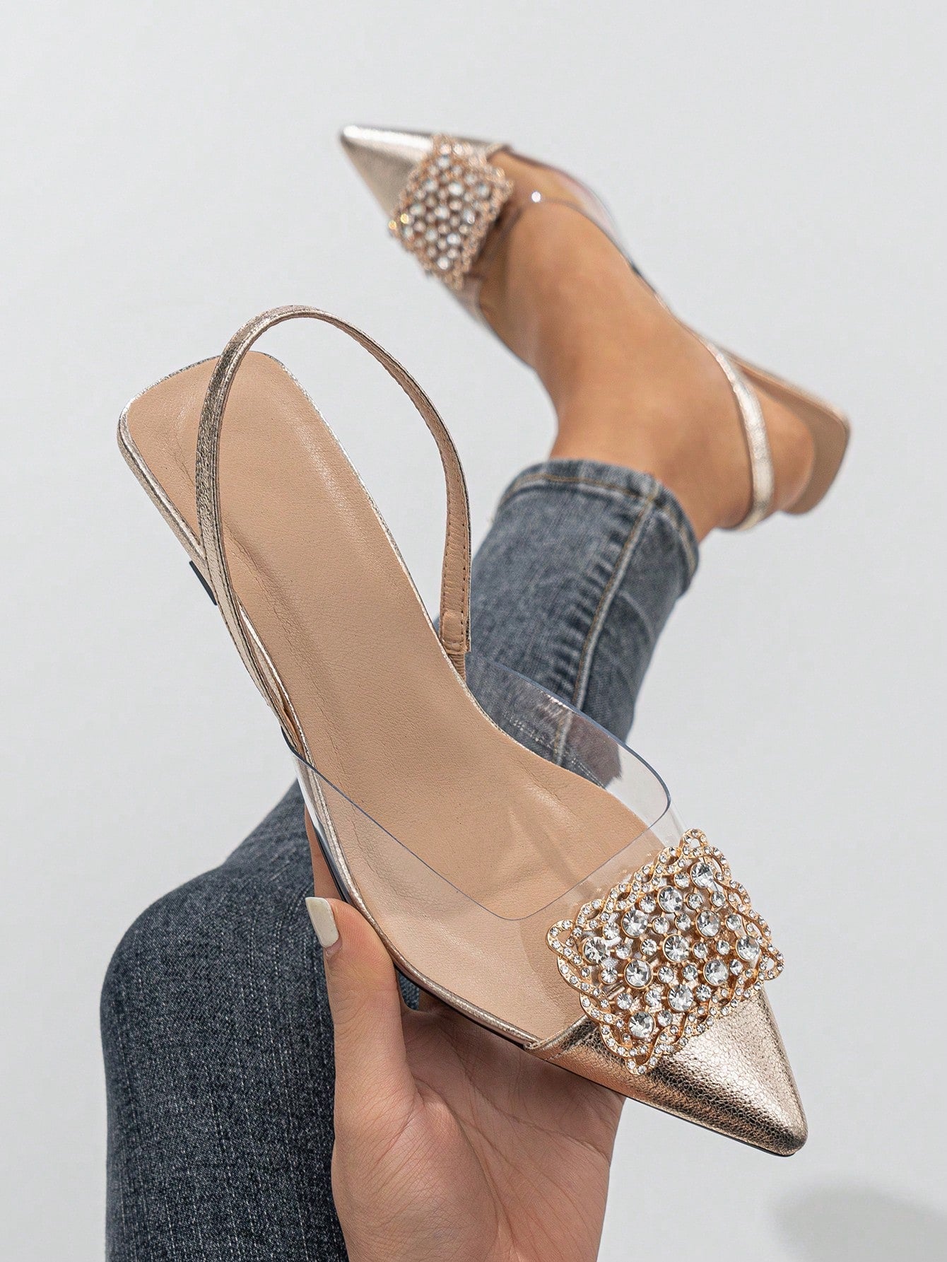 Women's Rhinestone Decorated Pointed Toe Slingback Kitten Heel Slip-On Pumps