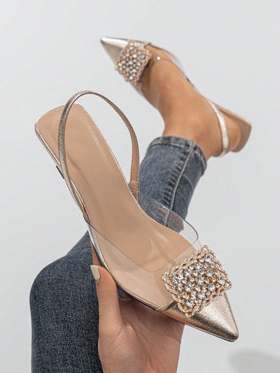 Women's Rhinestone Decorated Pointed Toe Slingback Kitten Heel Slip-On Pumps