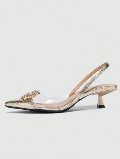 Women's Rhinestone Decorated Pointed Toe Slingback Kitten Heel Slip-On Pumps