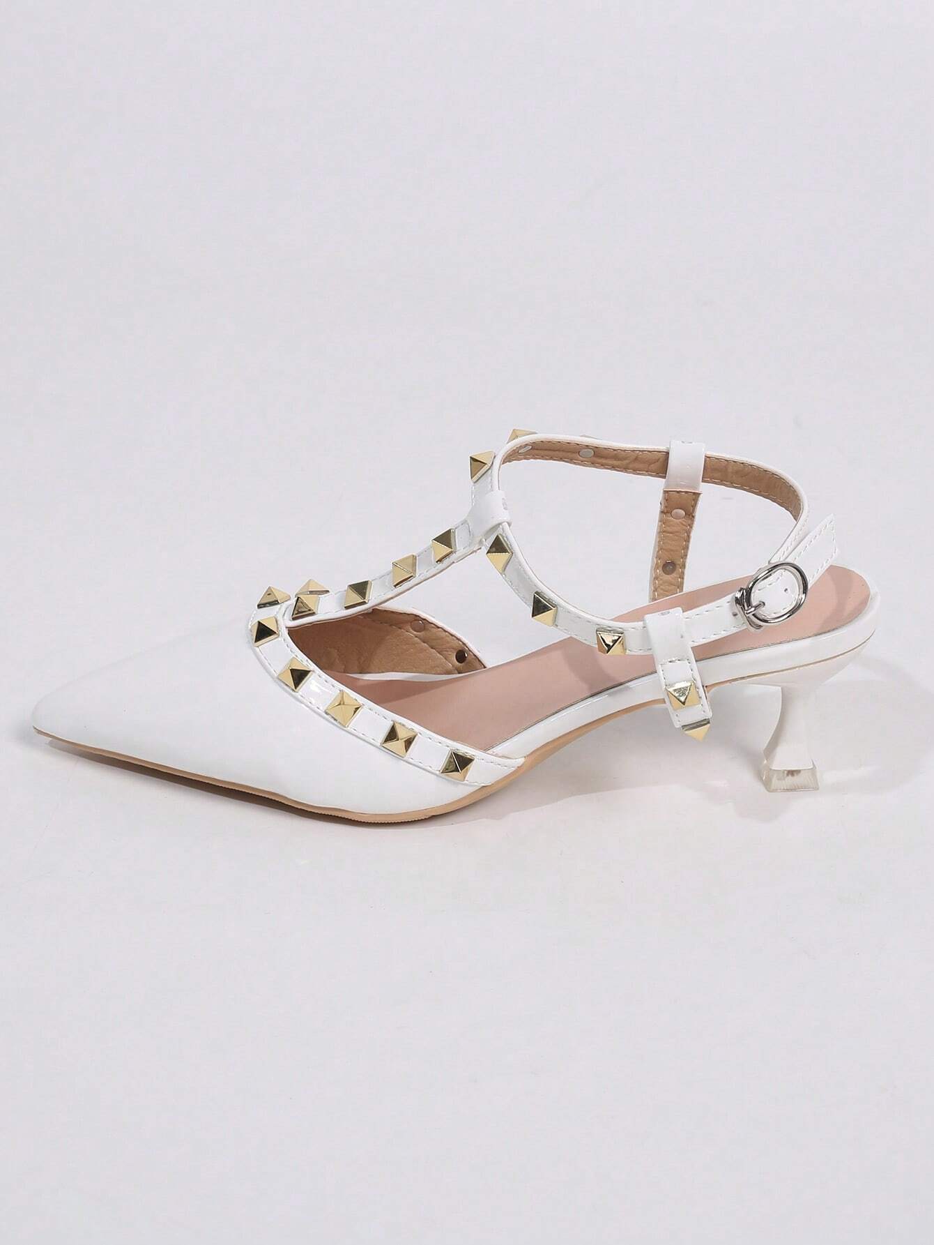 Women Studded Decor Point Toe Pyramid Heeled Slingback Pumps
