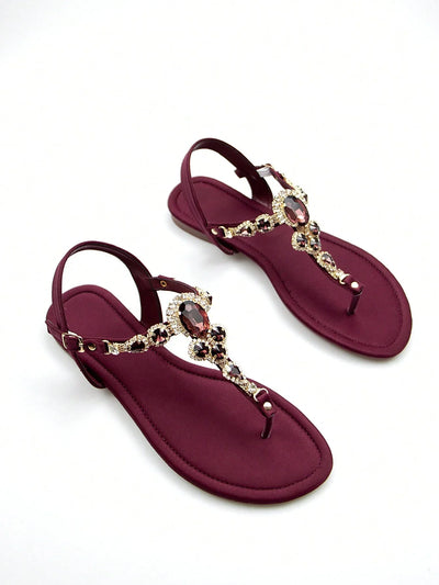 Women Rhinestone Decor Ankle Strap Thong Sandals