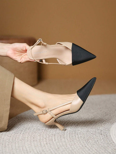 Women Two Tone Point Toe Pyramid Heeled Slingback Pumps