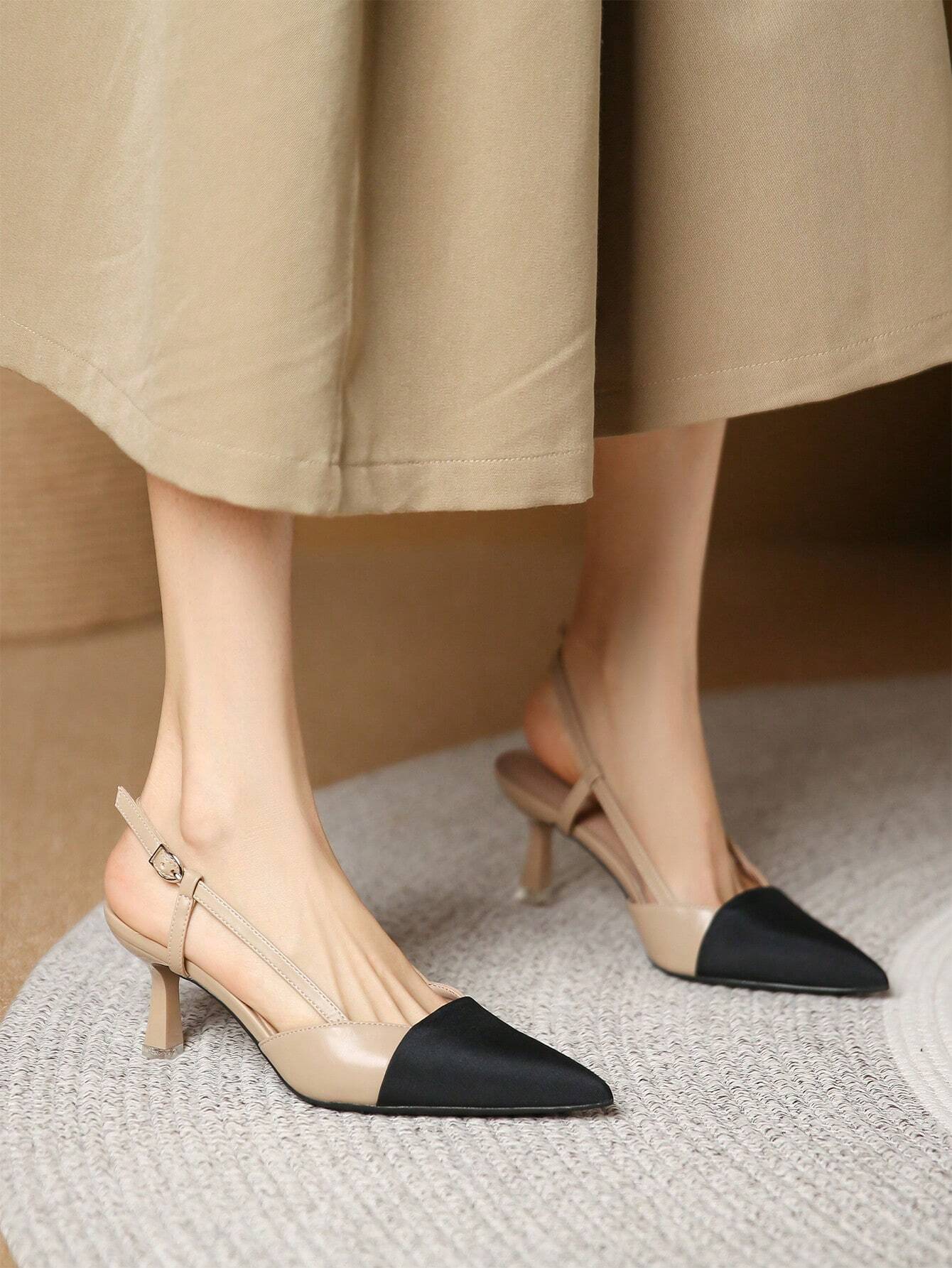 Women Two Tone Point Toe Pyramid Heeled Slingback Pumps