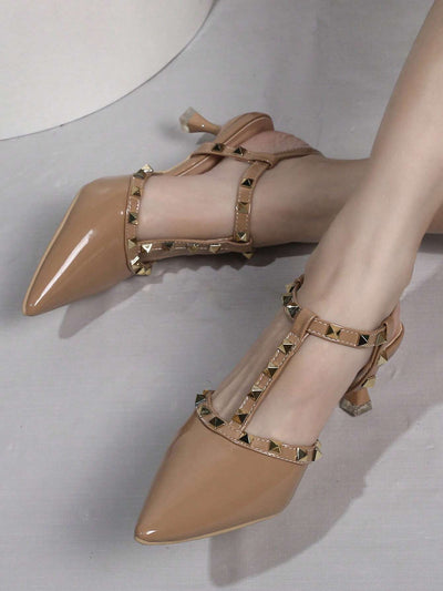 Women Studded Decor Point Toe Pyramid Heeled Slingback Pumps