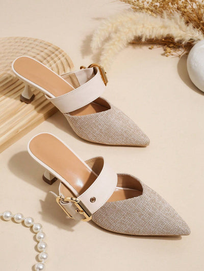 Women Buckle Decor Pyramid Heeled Mule Pumps