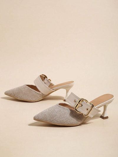 Women Buckle Decor Pyramid Heeled Mule Pumps