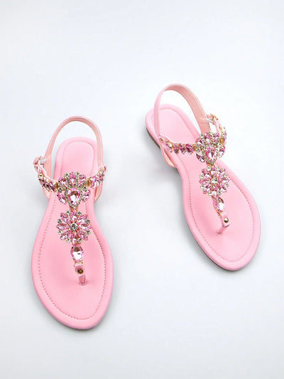 Women Rhinestone Decor Ankle Strap Thong Sandals