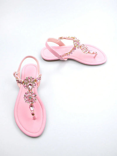 Women Rhinestone Decor Ankle Strap Thong Sandals