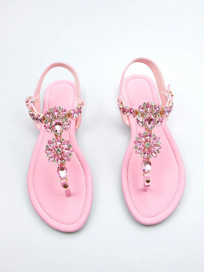 Women Rhinestone Decor Ankle Strap Thong Sandals