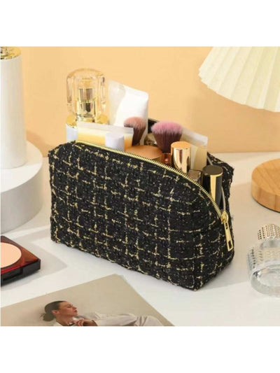 1pc Large Capacity Checkerboard Hand-Woven Cosmetic Bag, Portable Toiletry Storage Box, Travel Bag For Travel Storage Bag,Makeup Bag