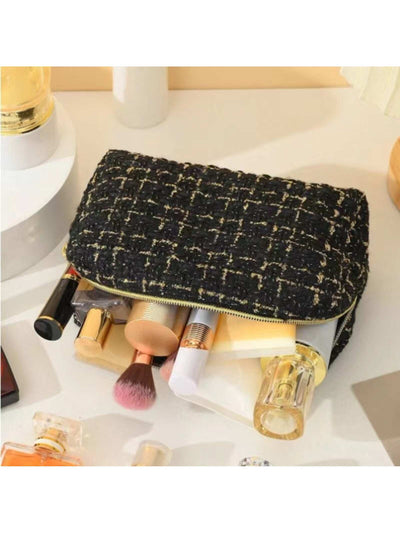 1pc Large Capacity Checkerboard Hand-Woven Cosmetic Bag, Portable Toiletry Storage Box, Travel Bag For Travel Storage Bag,Makeup Bag
