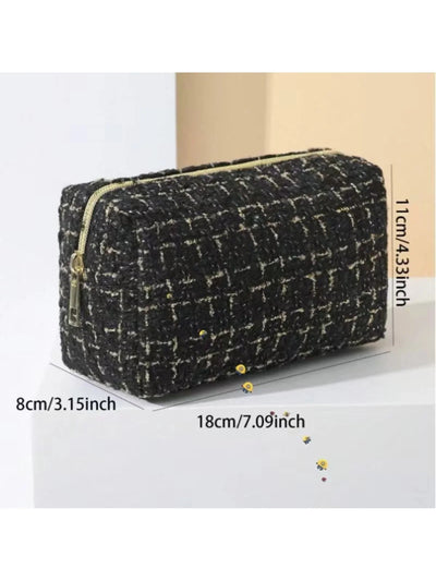 1pc Large Capacity Checkerboard Hand-Woven Cosmetic Bag, Portable Toiletry Storage Box, Travel Bag For Travel Storage Bag,Makeup Bag