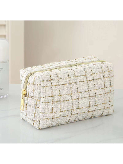1pc Large Capacity Checkerboard Hand-Woven Cosmetic Bag, Portable Toiletry Storage Box, Travel Bag For Travel Storage Bag,Makeup Bag