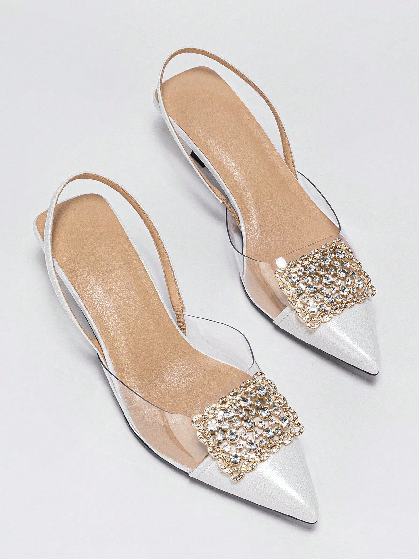 Women's Rhinestone Decorated Pointed Toe Slingback Kitten Heel Slip-On Pumps