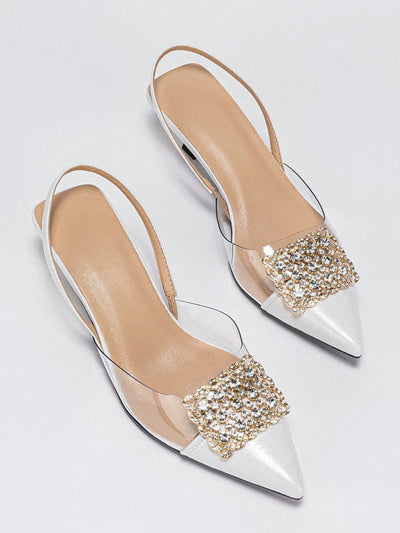 Women's Rhinestone Decorated Pointed Toe Slingback Kitten Heel Slip-On Pumps