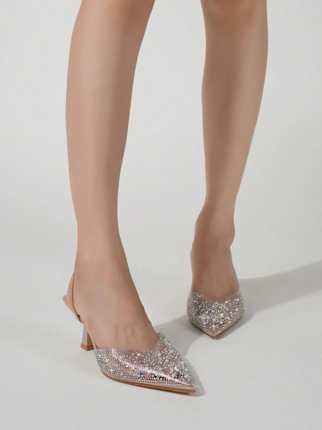 Charming Women's Fashionable Silver Stiletto Heels & Pvc Rhinestone Decor Pointed Toe Slingback Pumps