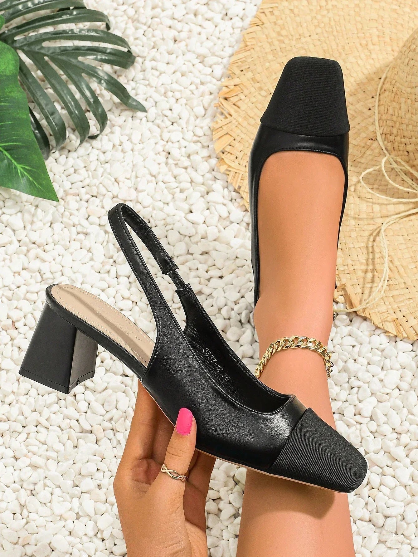 Two Tone Square Toe Chunky Heeled Slingback Pumps