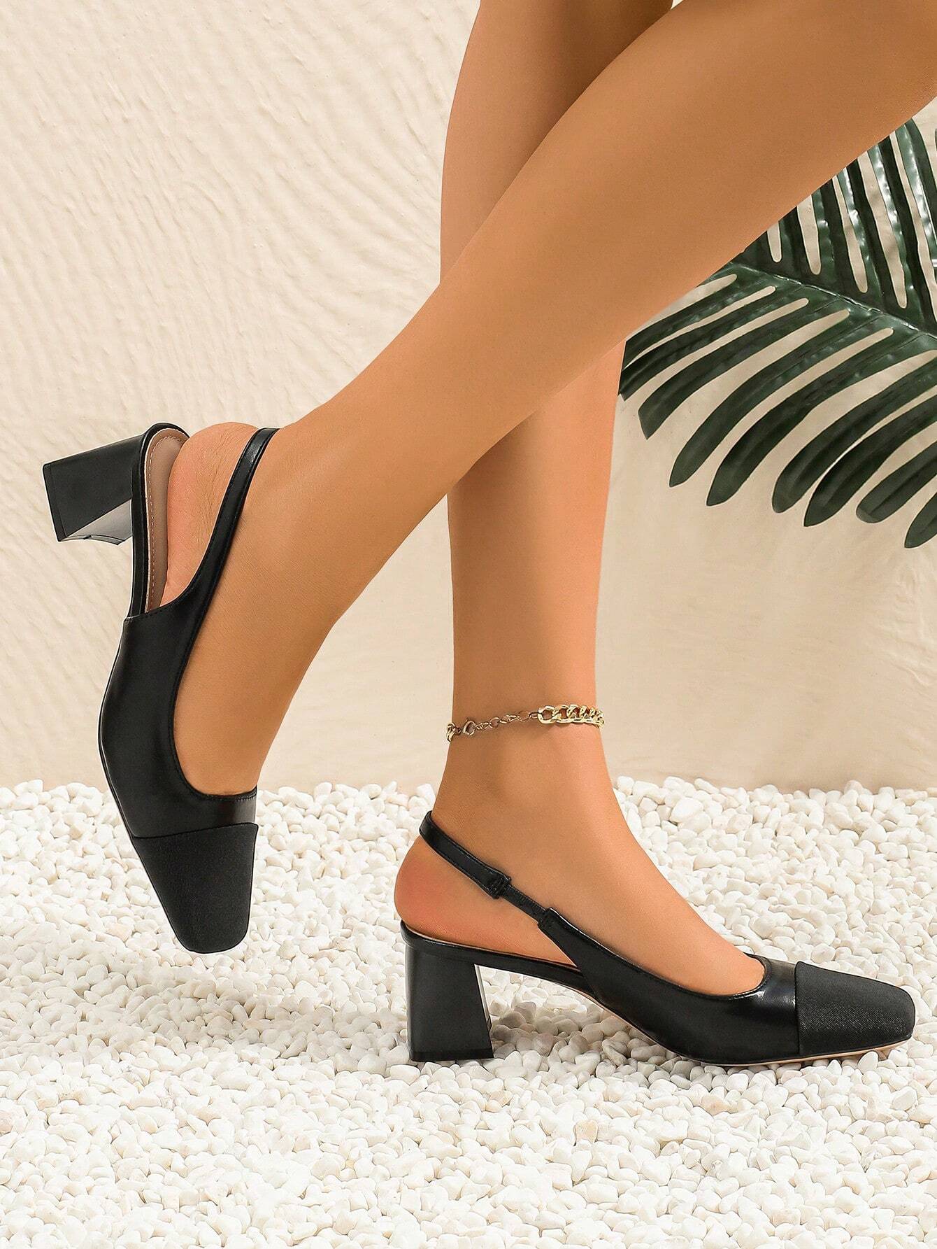 Two Tone Square Toe Chunky Heeled Slingback Pumps