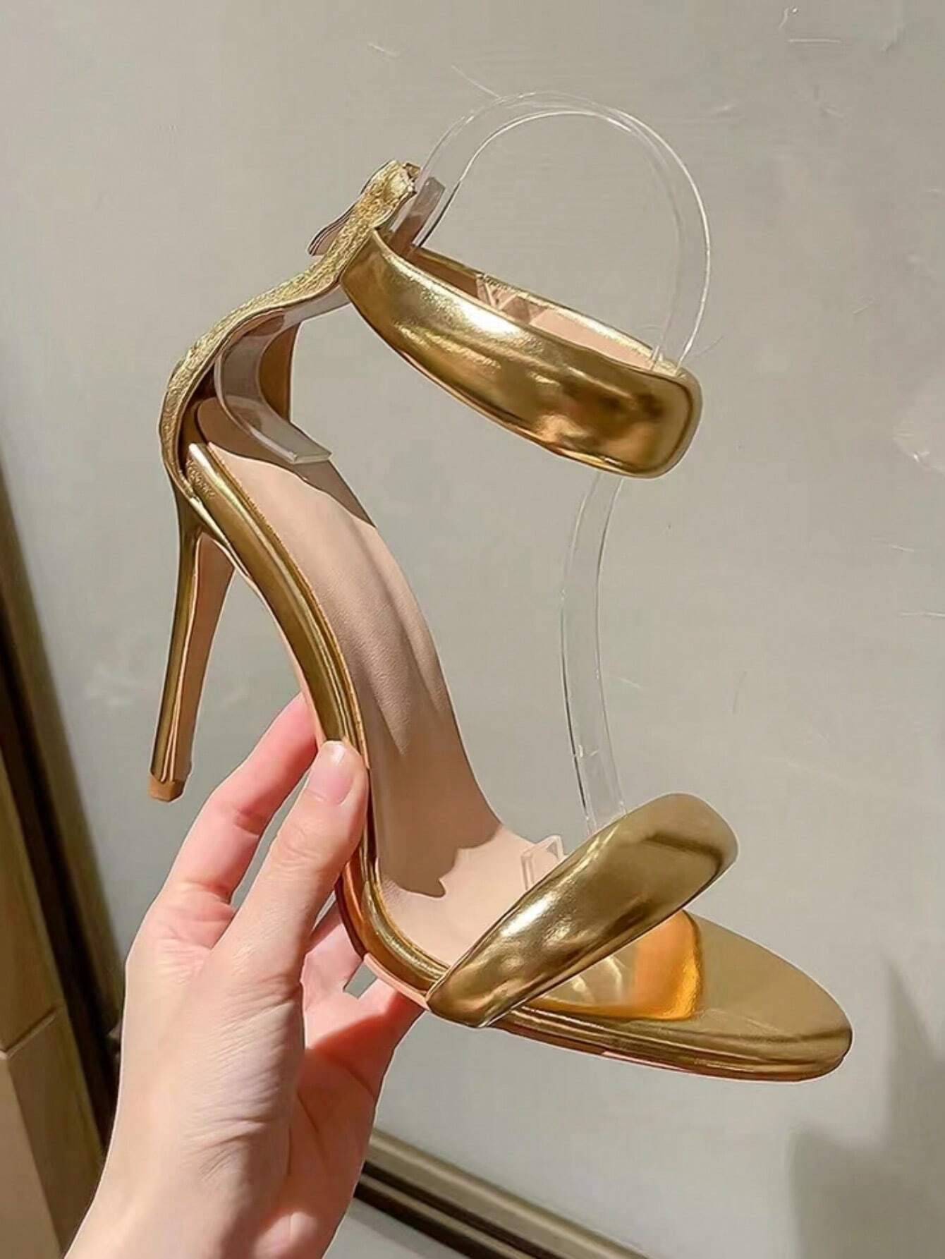 Fashionable Gold Strappy Stiletto Sandals