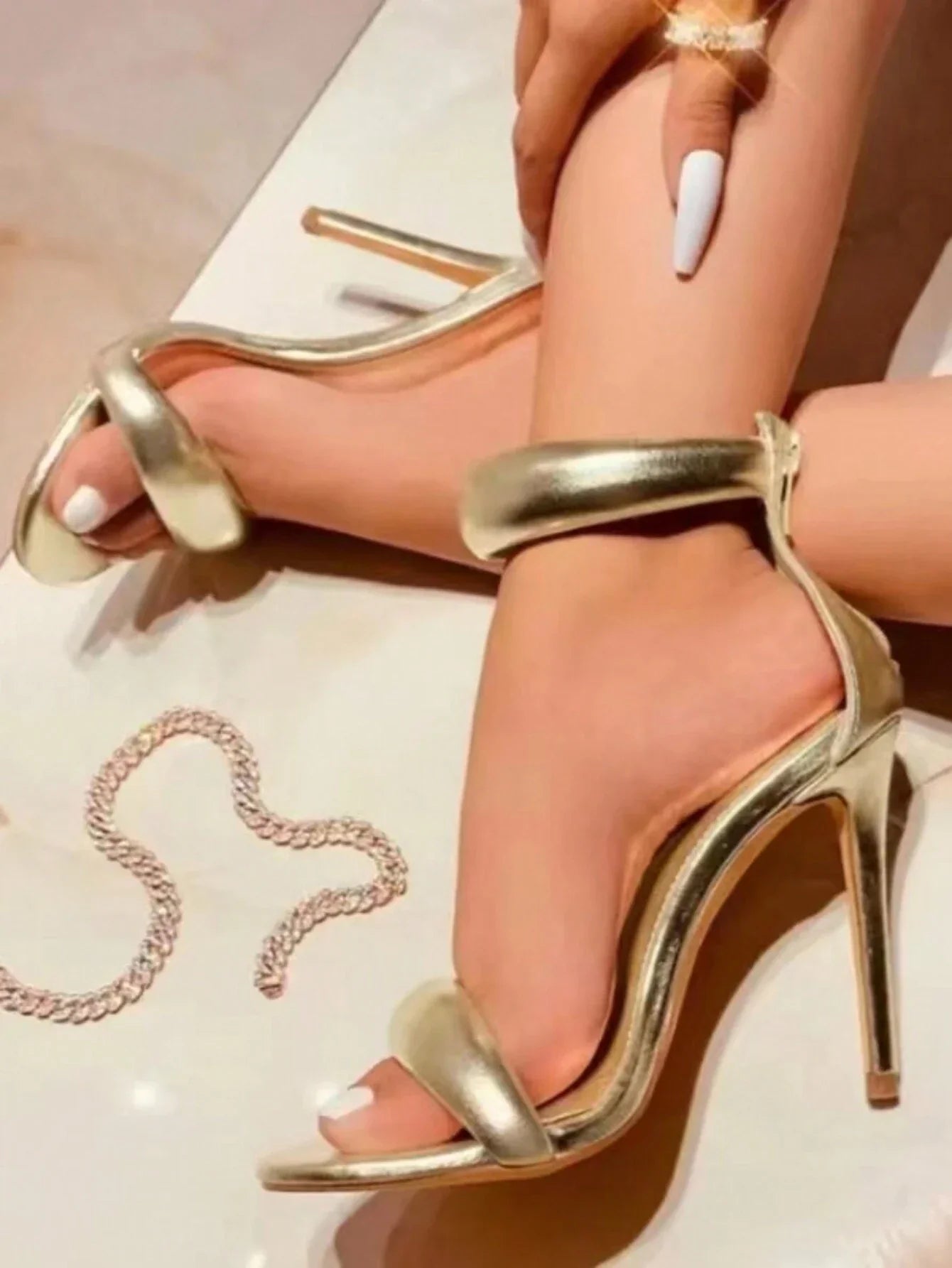 Fashionable Gold Strappy Stiletto Sandals