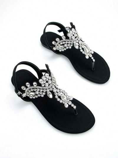 Women Rhinestone Decor Ankle Strap Thong Sandals